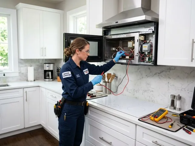Appliance Repair Hero technician testing an over-the-range microwave in a Bangor, PA kitchen